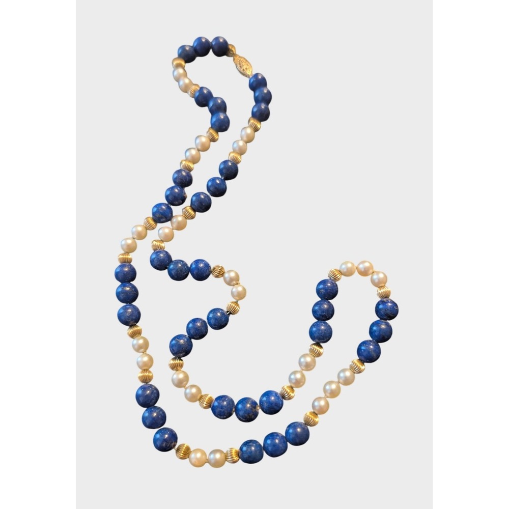 Simple Vintage Beaded Necklace Blue White Gold Tone Spacer 24" Single Strand